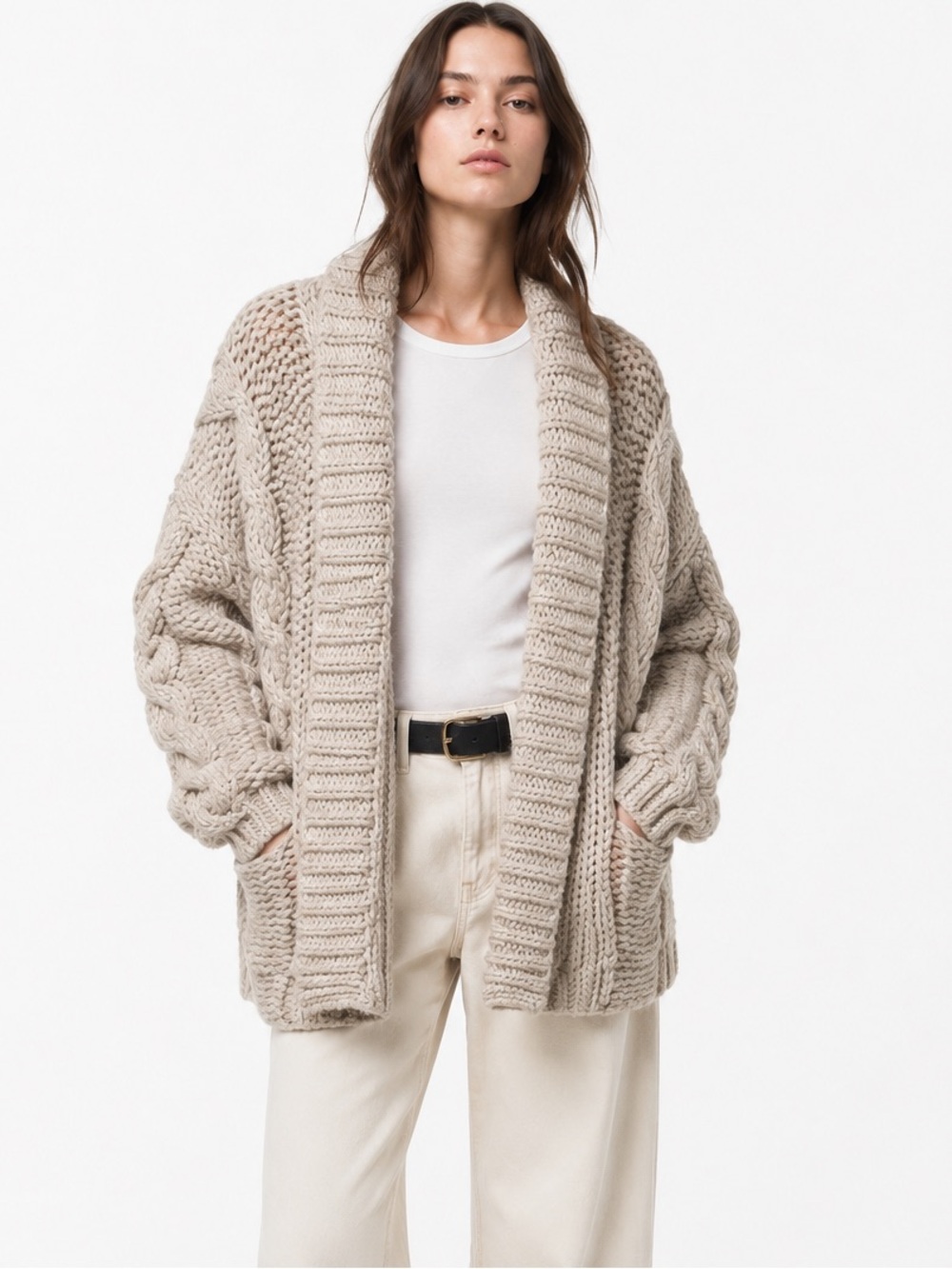 Zara Oversized Cable Knit Chunky Open Cardigan - Beige